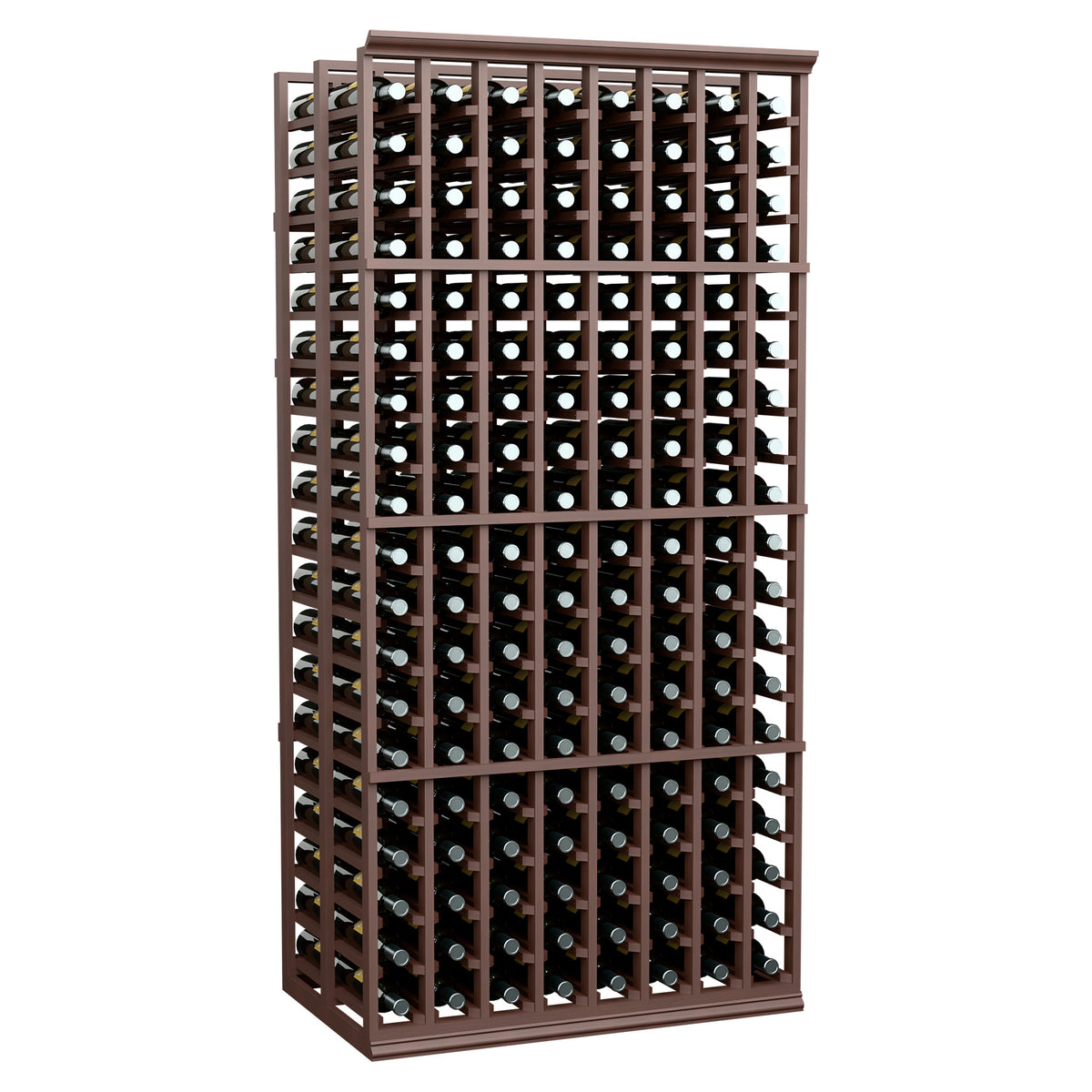 8-column double-deep wine bottle rack with dark wood frame, bottle openings visible