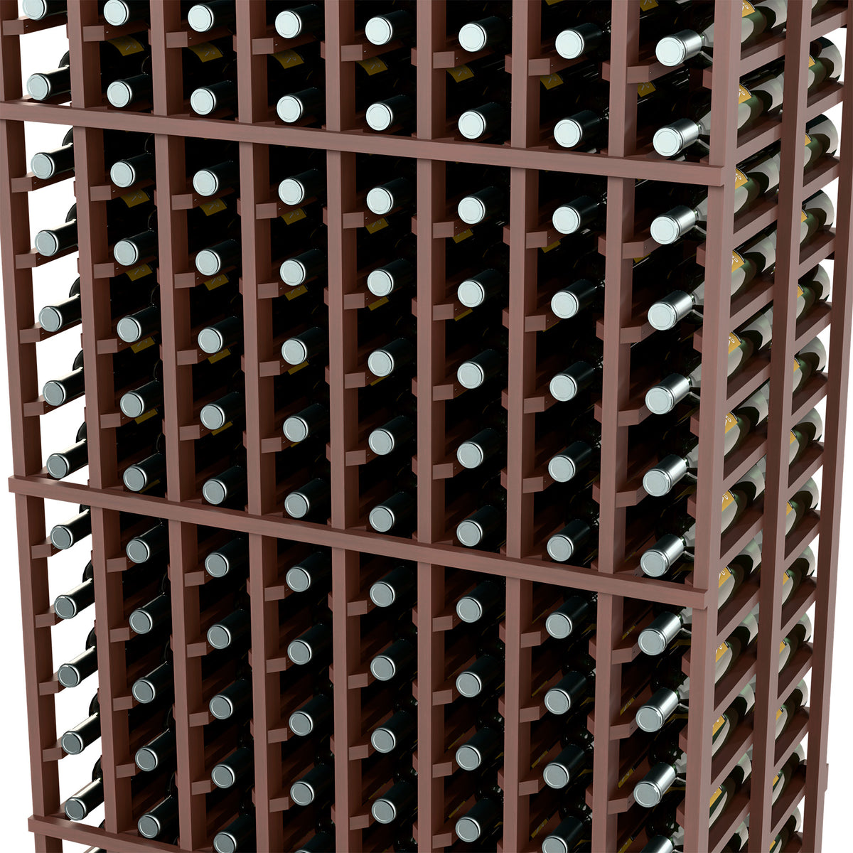 Close-up of an 8-column double-deep wine bottle rack with red-brown wood frame