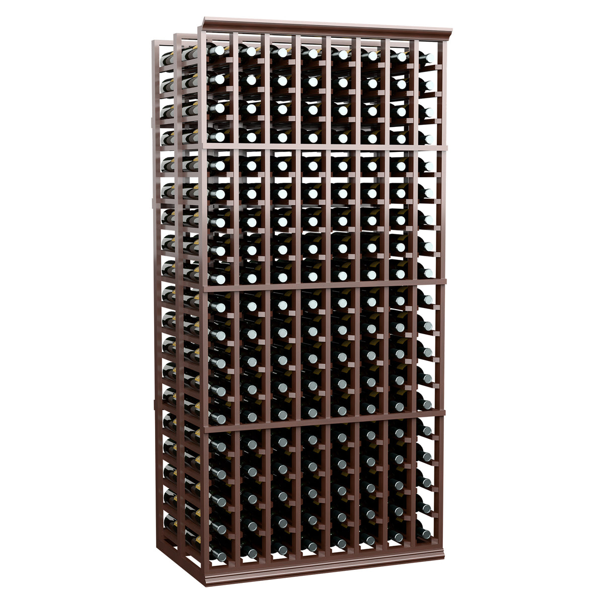 Dark brown wood wine rack, 8-column double-deep, 6 ft, holds bottles upright
