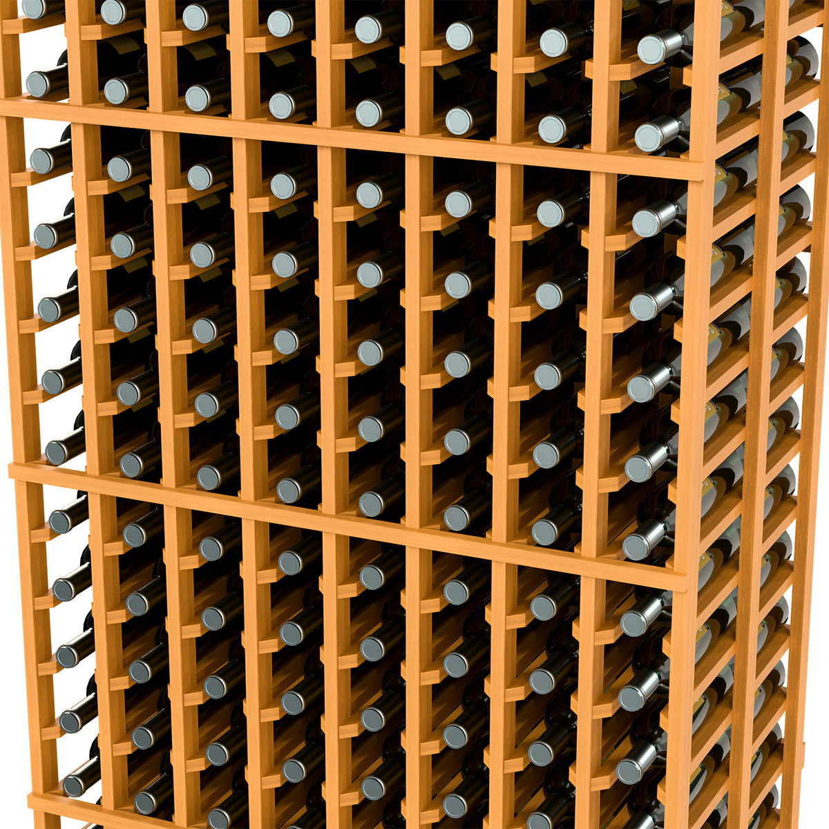 Light wood wine rack close-up with bottle slots and grid dividers