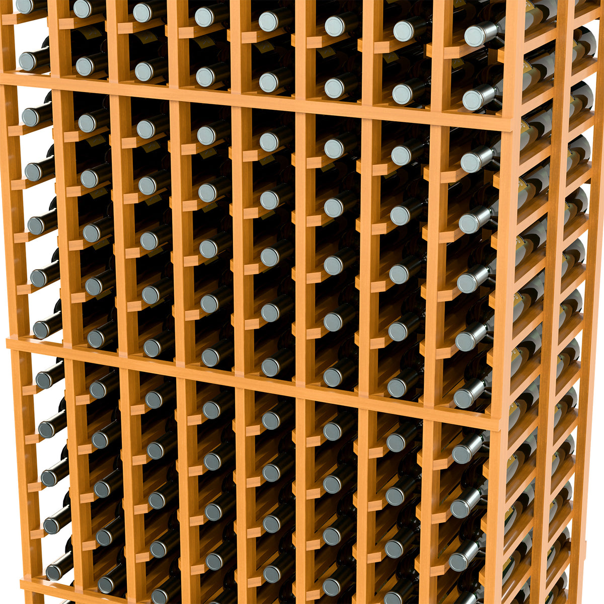 Medium light wine rack close-up highlighting bottle slots and wooden frame
