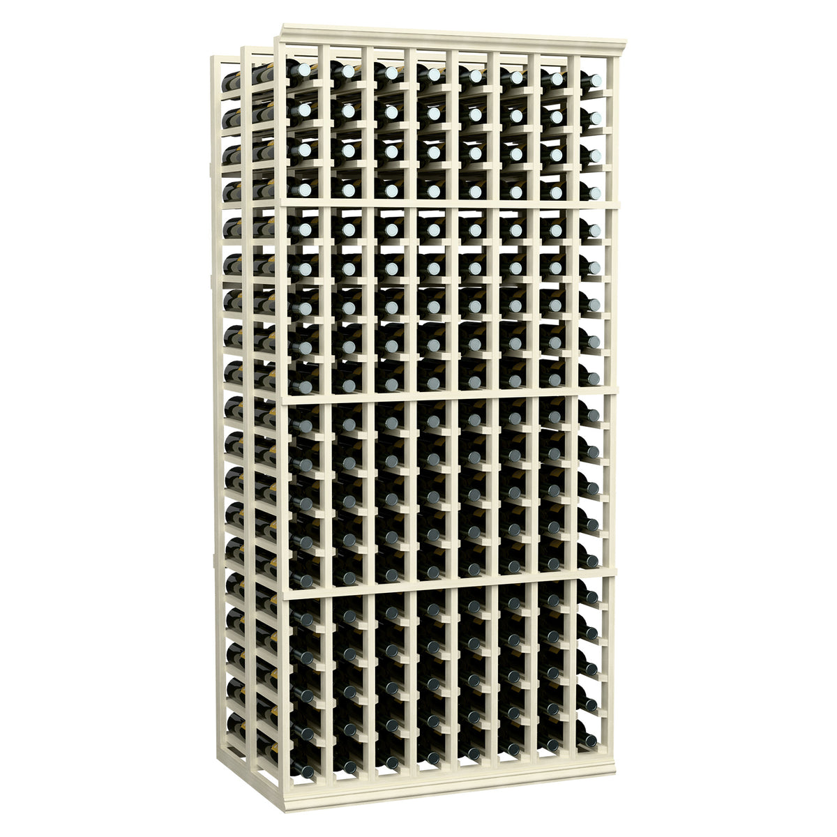 Whitewashed wood wine rack, 8-column double-deep, 6 ft, holds bottles upright
