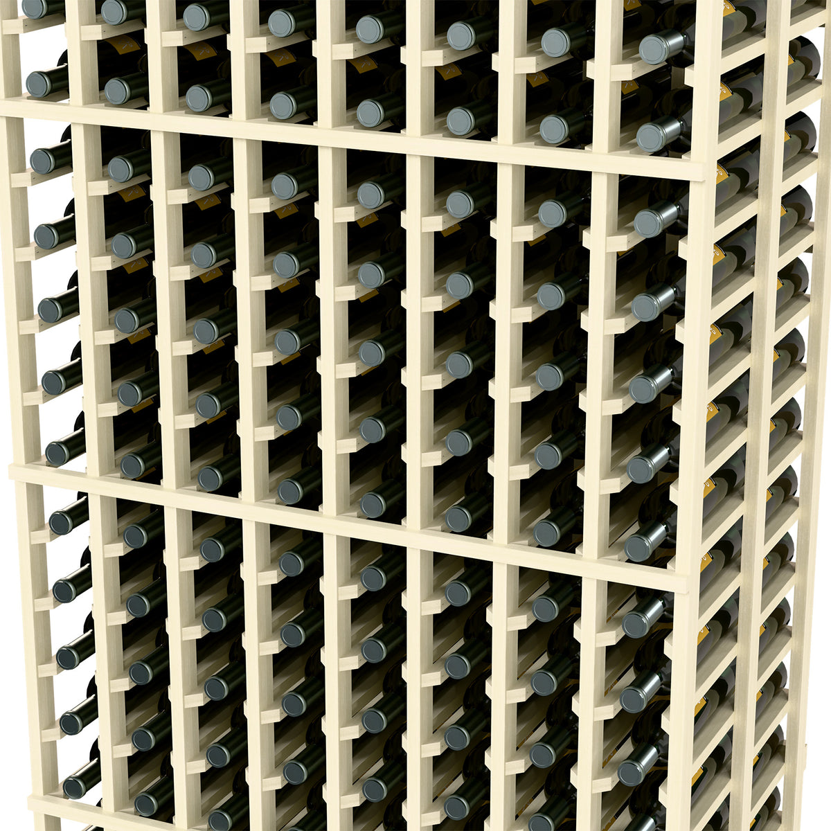 Whitewashed wine rack close-up with bottle slots and vertical wooden bars
