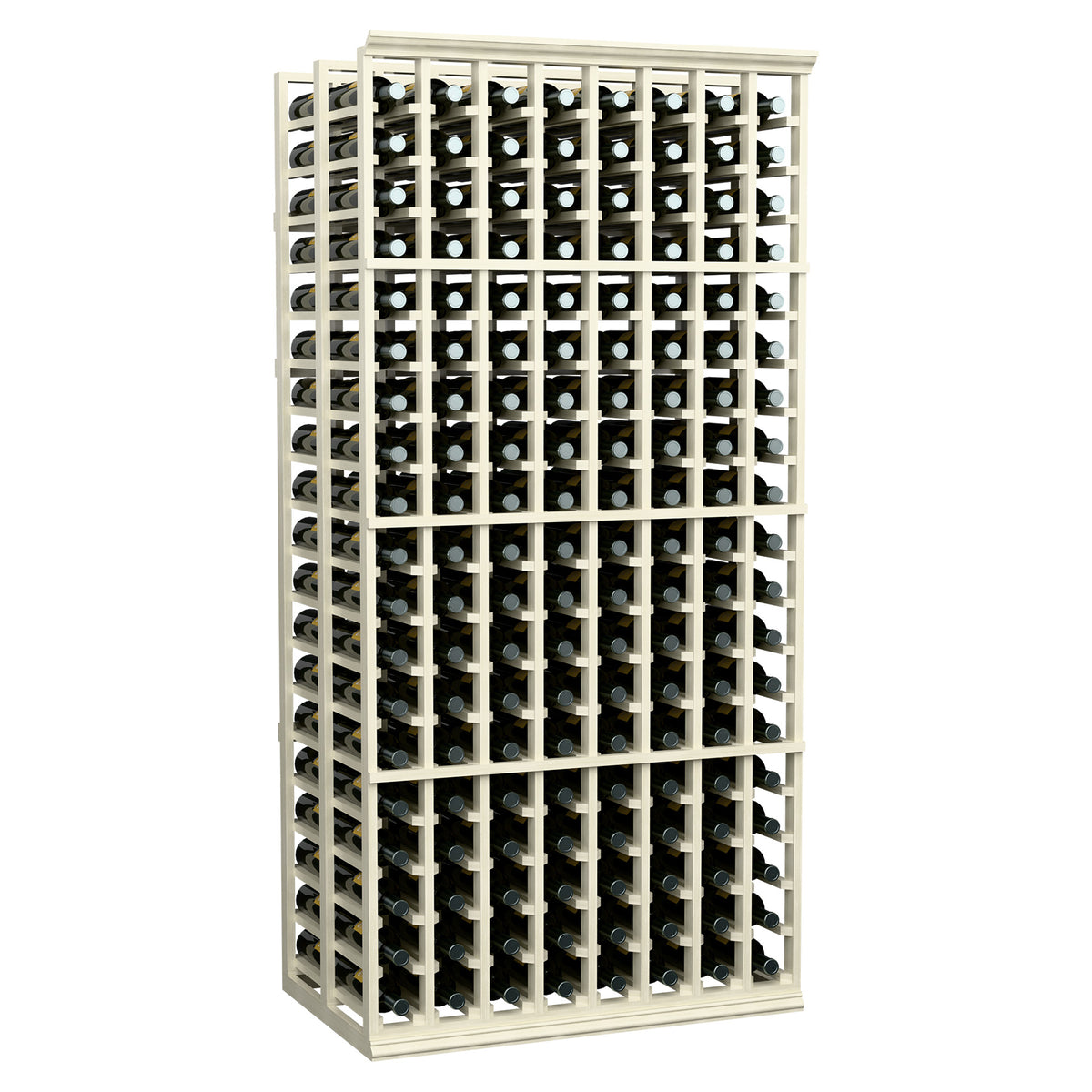 Whitewashed wood wine rack, 8-column double-deep, 6 ft, holds bottles upright