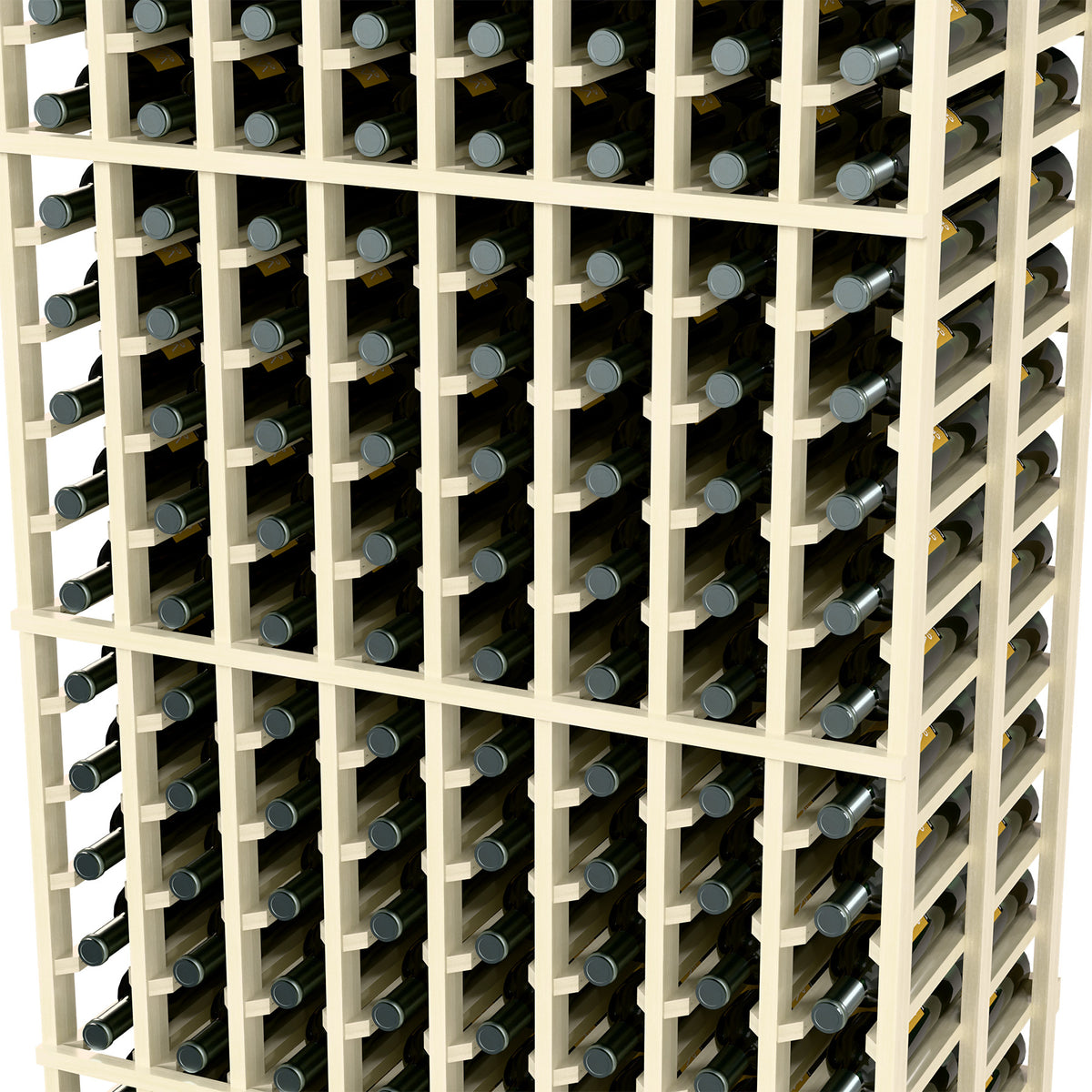 Whitewashed wine rack close-up showing bottle slots and front grid structure