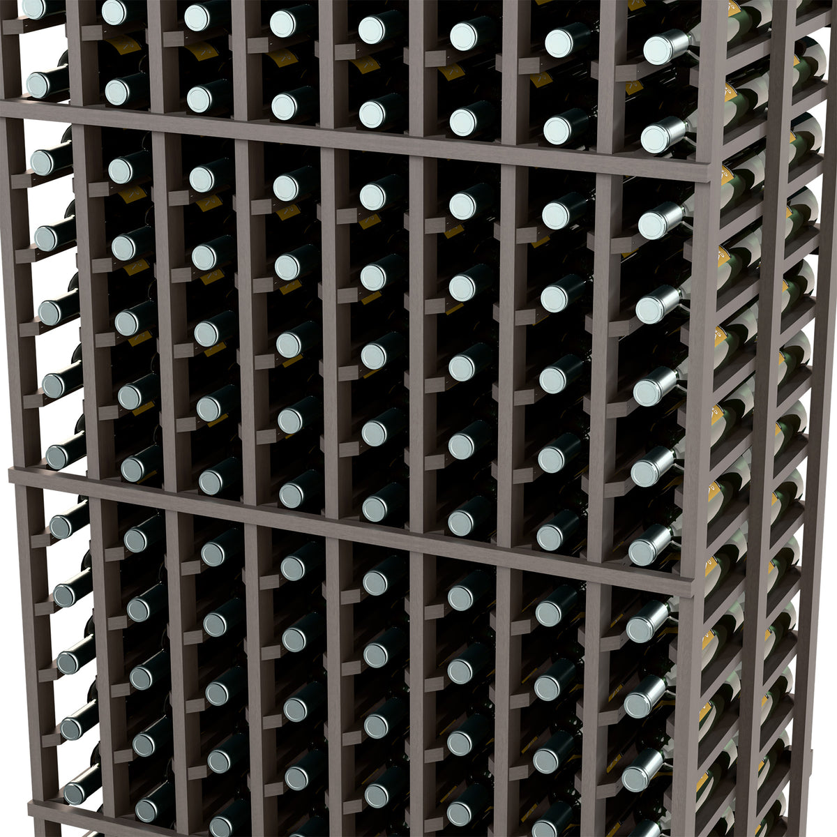 8-column double-deep wine rack close-up with dark metal and bottle openings