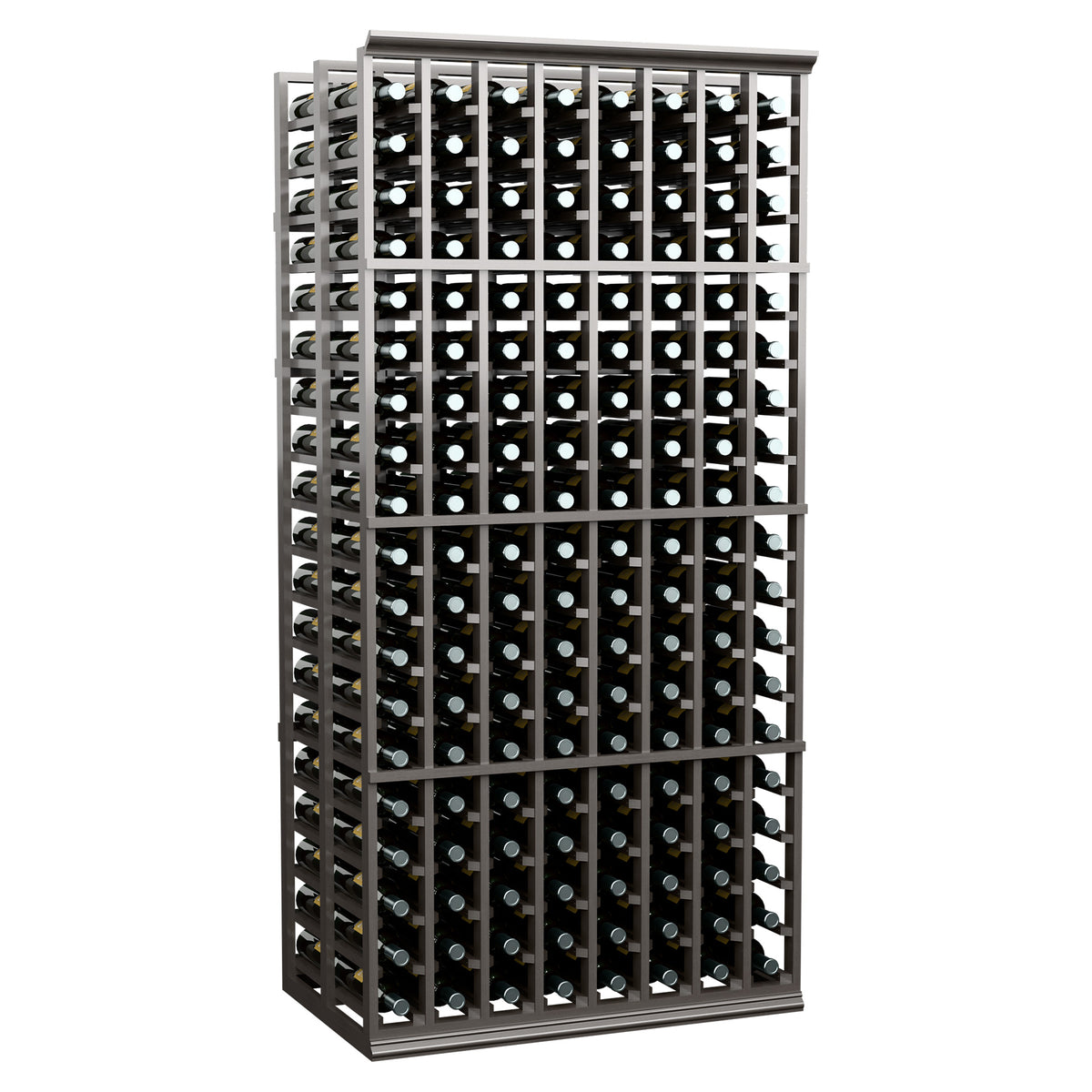 8-column double-deep wine rack with bottle slots and dark wood frame
