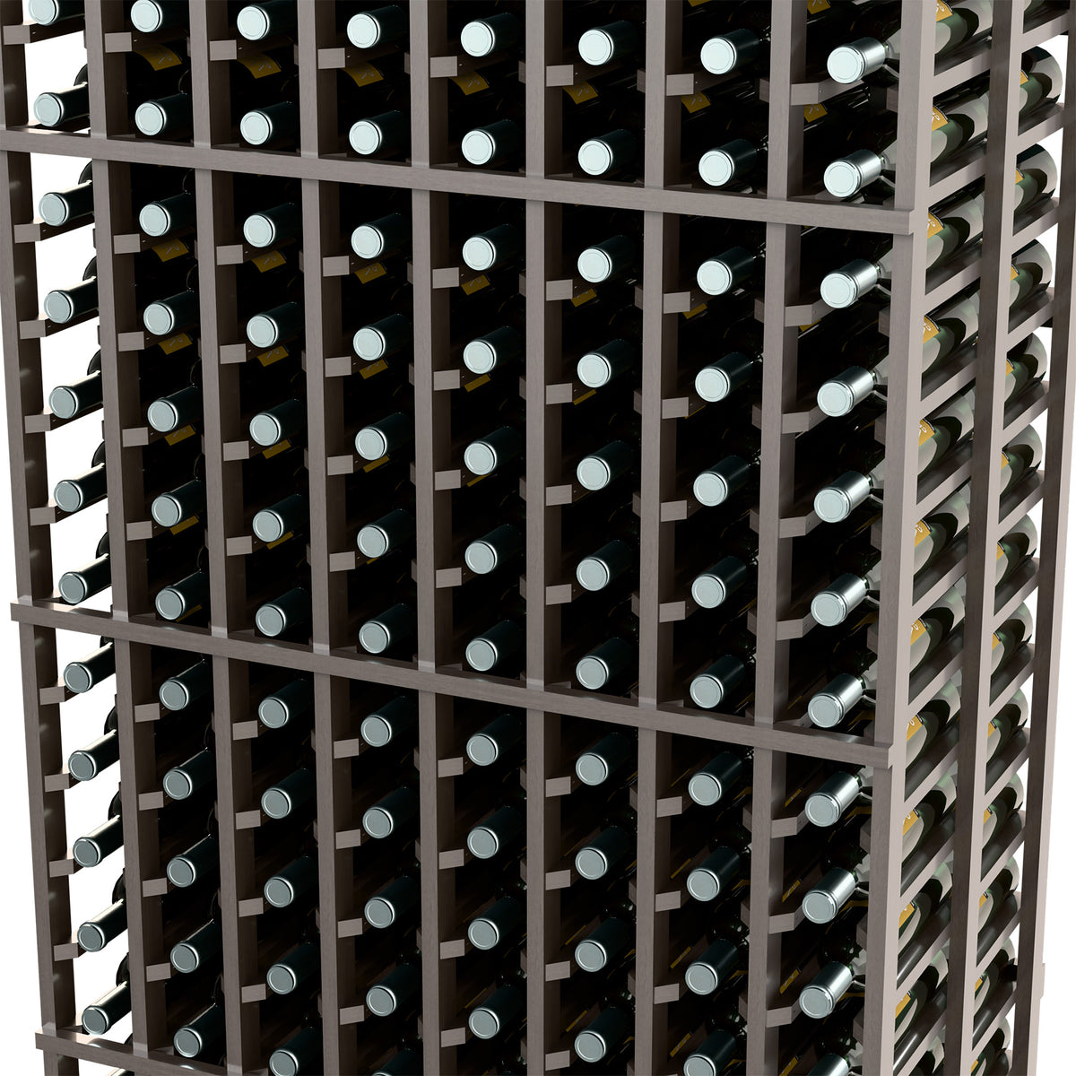 8-column double-deep wine rack close-up with dark frame and bottle slots