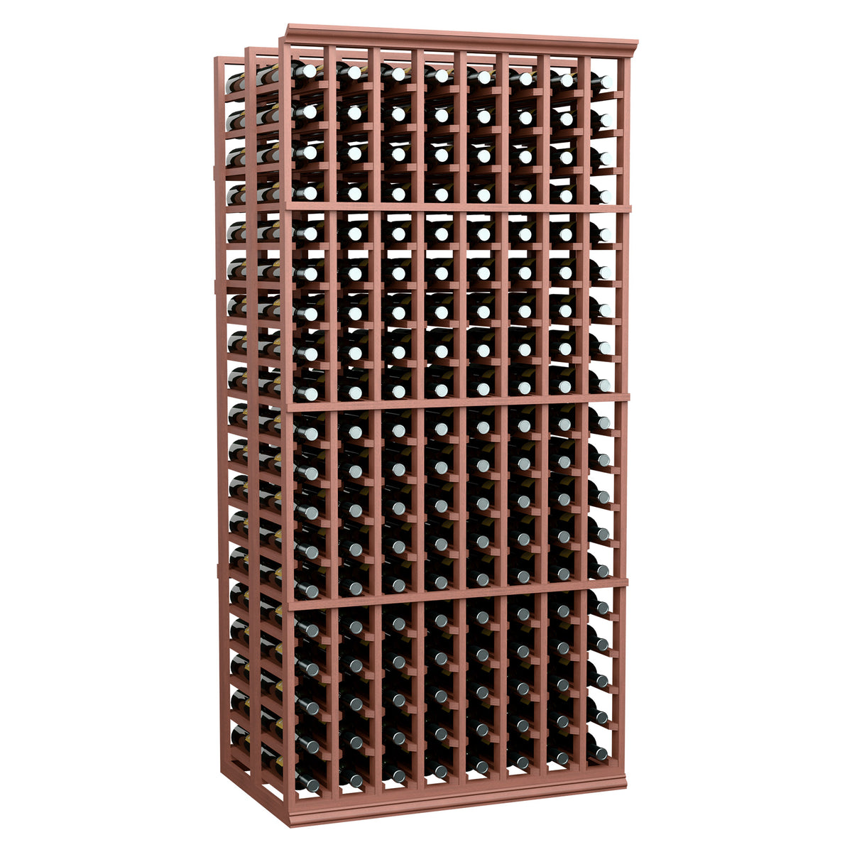 8-column double-deep wine rack with bottle slots and warm brown frame