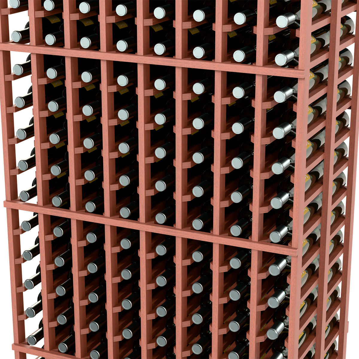 8-column double-deep wine rack close-up with warm brown frame and bottle slots