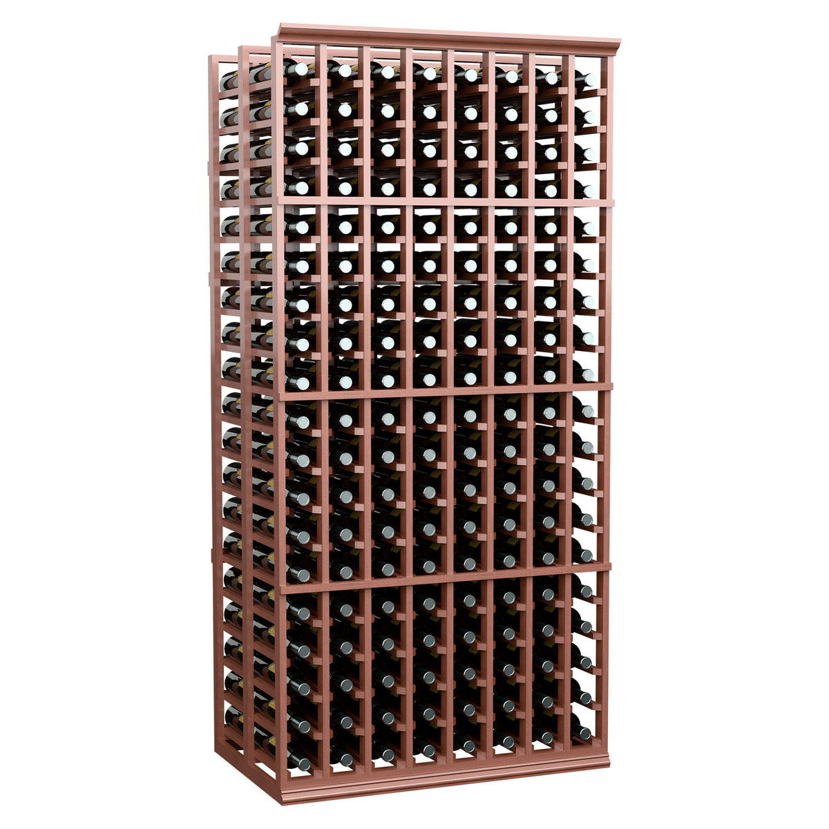 8-column double-deep wine rack with bottle slots and warm brown frame