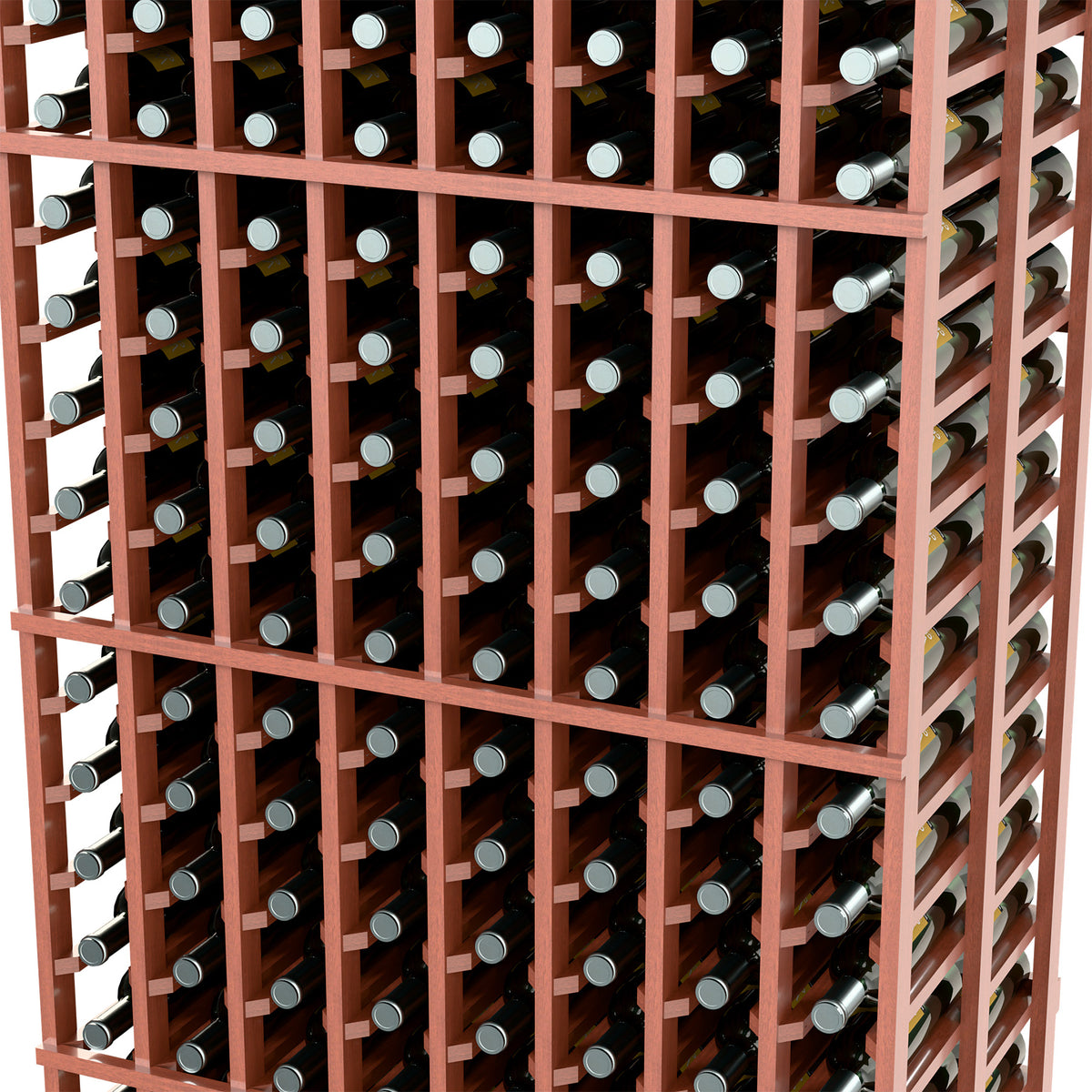 8-column double-deep wine rack close-up with warm brown frame and bottle slots