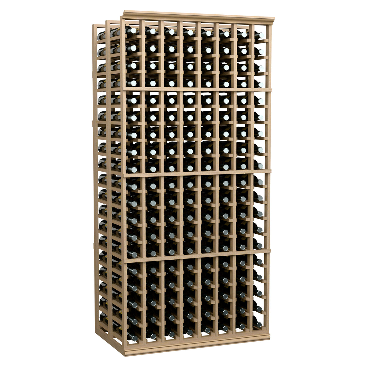 8-column double-deep wine rack with bottle slots and light wood frame