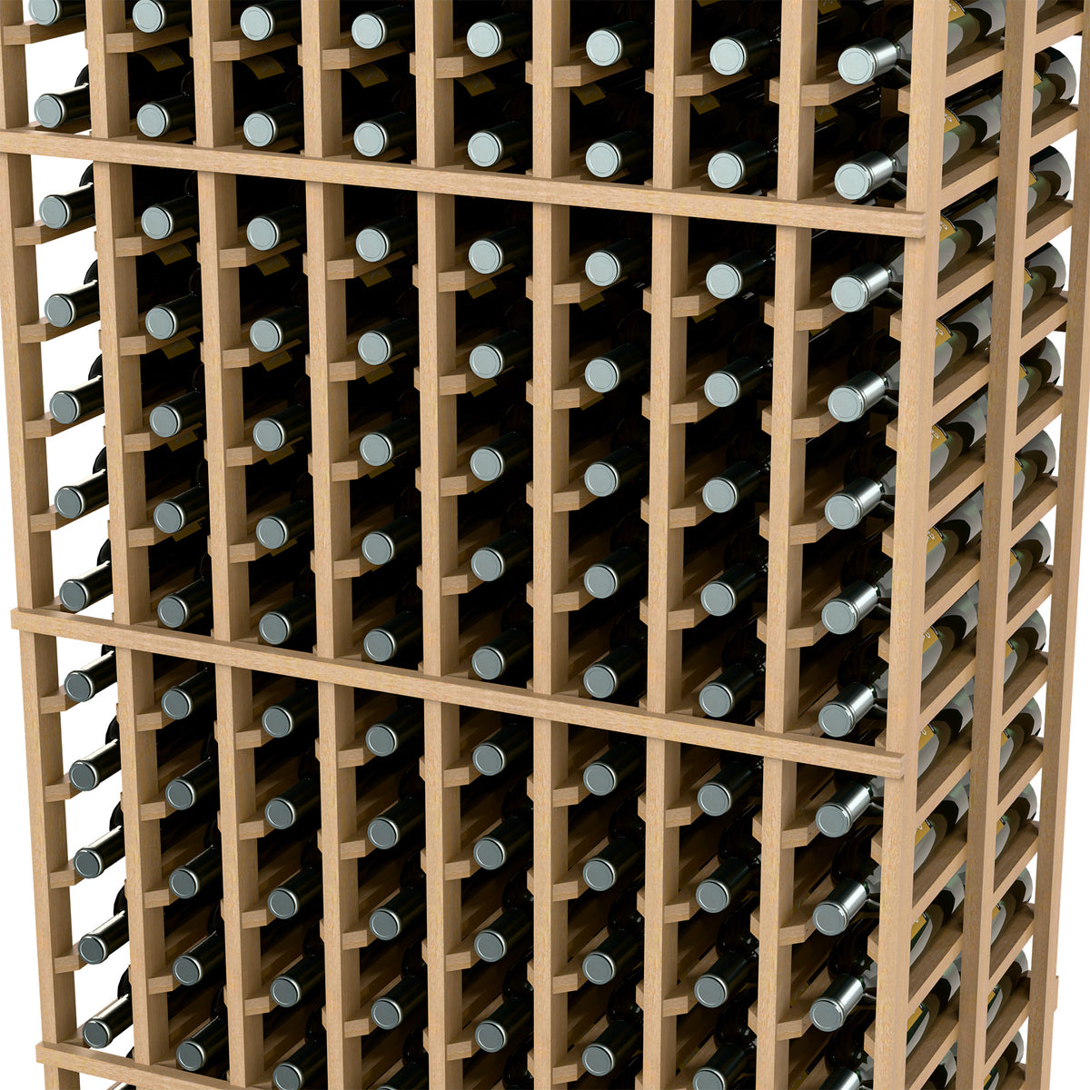 8-column double-deep wine rack close-up with light wood frame and bottle slots