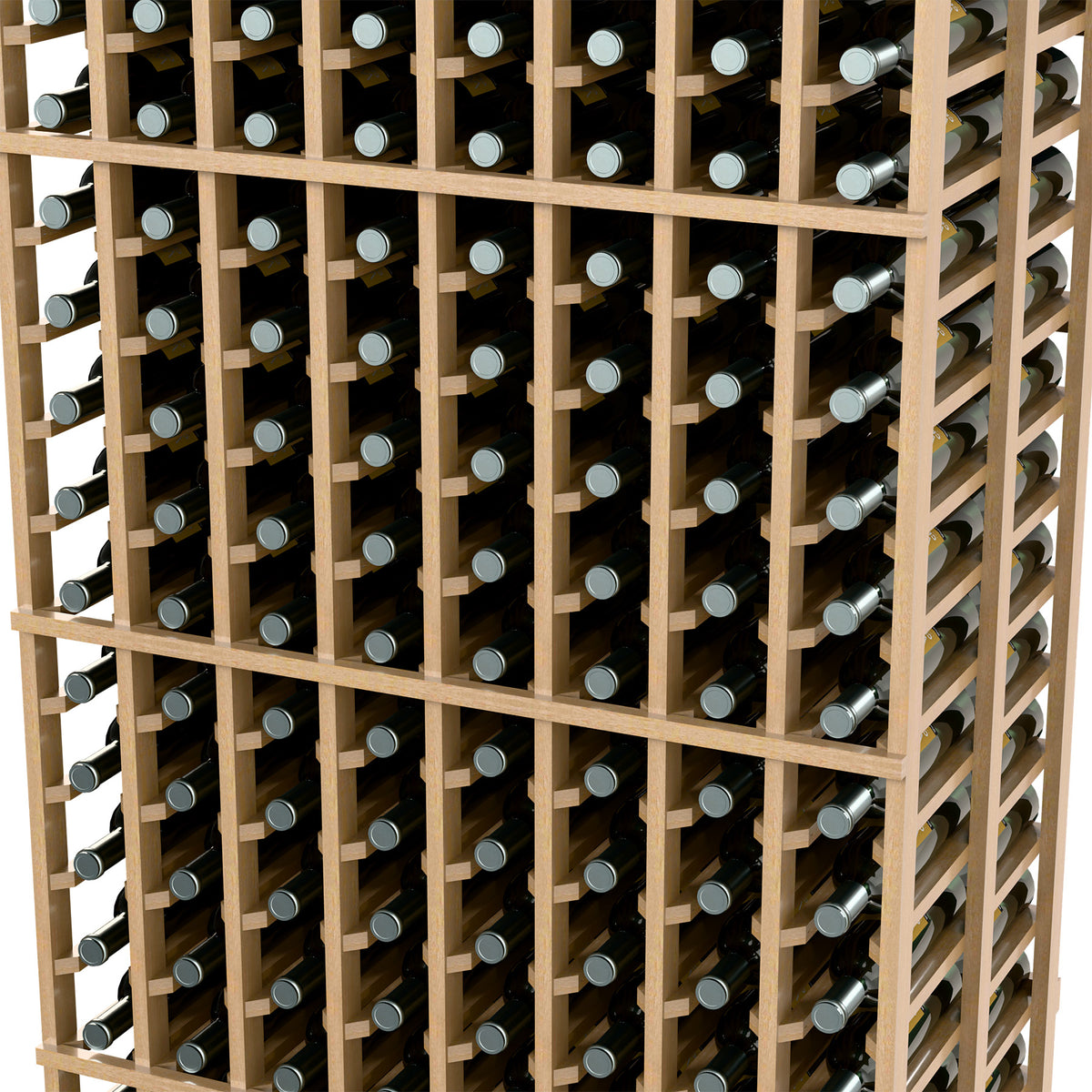 Close-up of light wood wine rack with bottle necks and metal-capped bottles