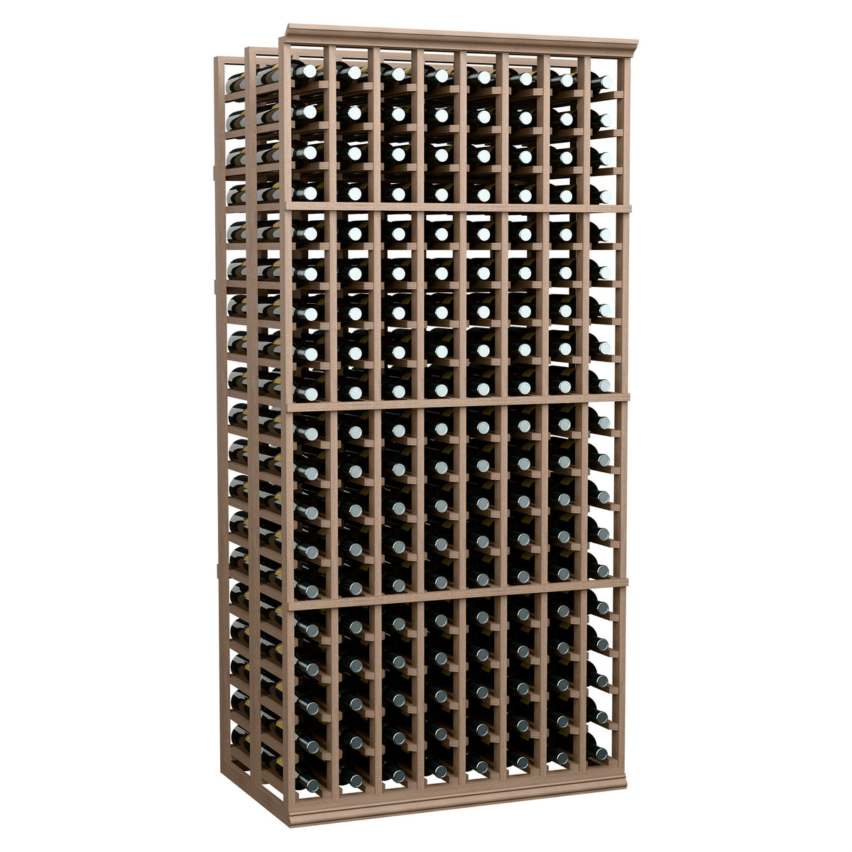 Light wood 8-column double-deep wine rack with rows of upright wine bottles
