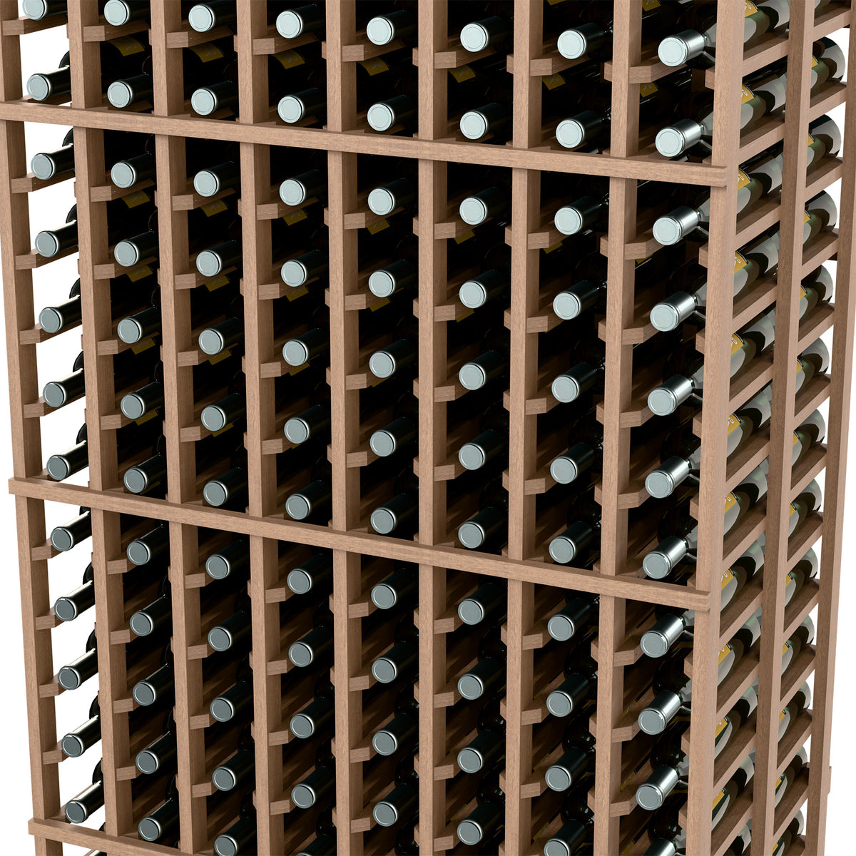Angled view of light wood wine rack rails with upright bottles in multiple rows