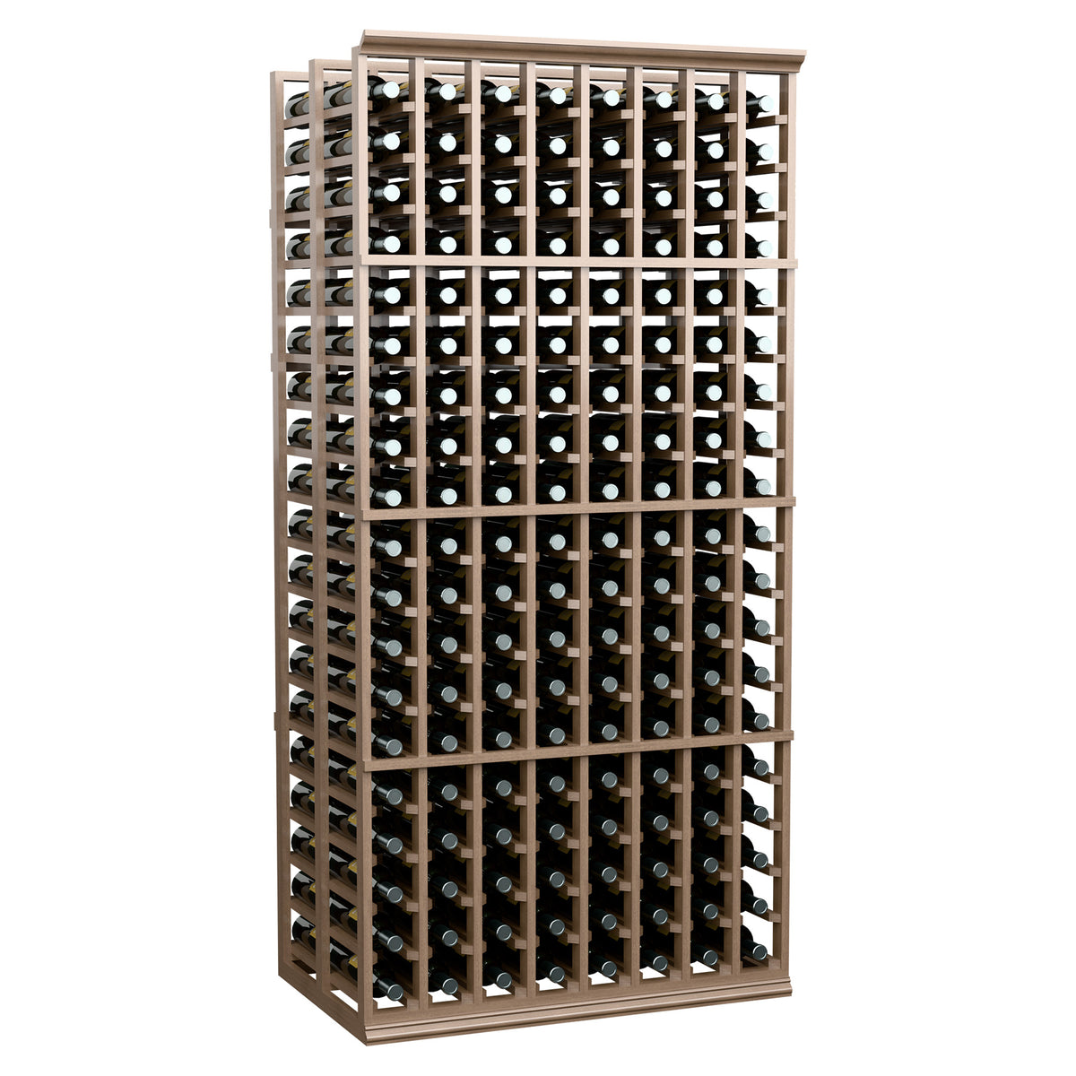 Light wood wine rack display with 8 columns of upright bottles in a double-deep frame