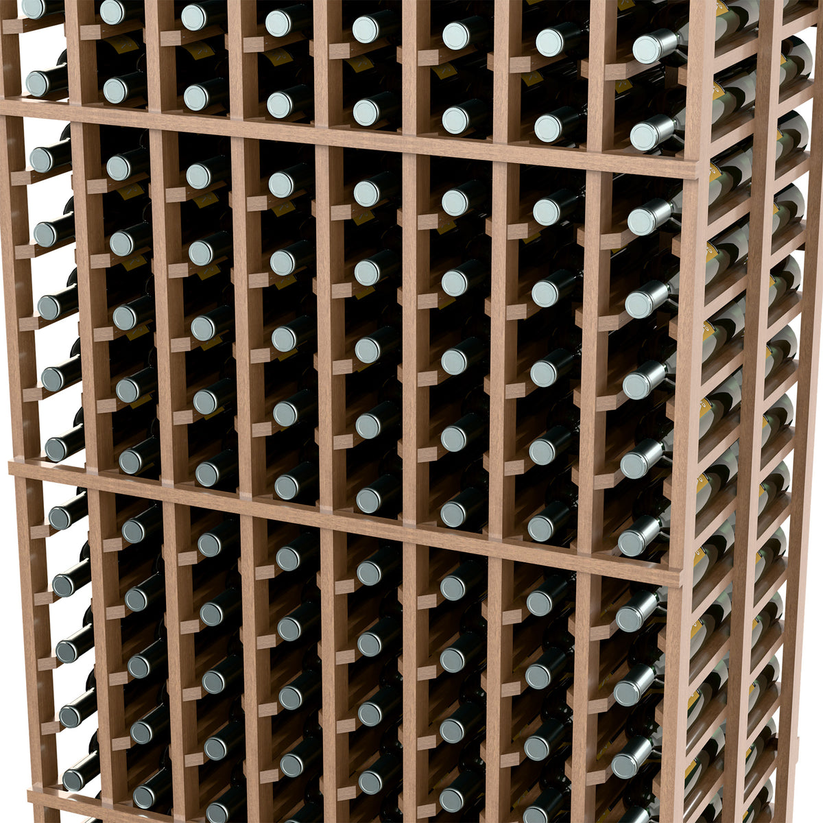 Close-up of light wood wine rack showing bottle caps in stacked bottle slots