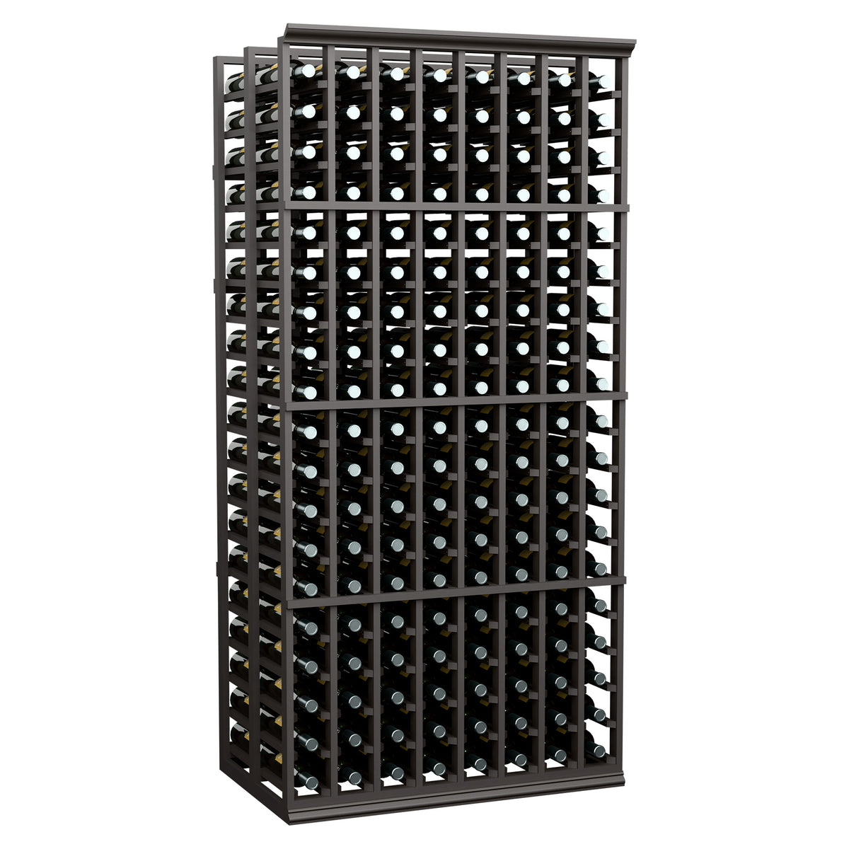 Dark-stained 8-column double-deep wine rack with upright bottles in grid rows