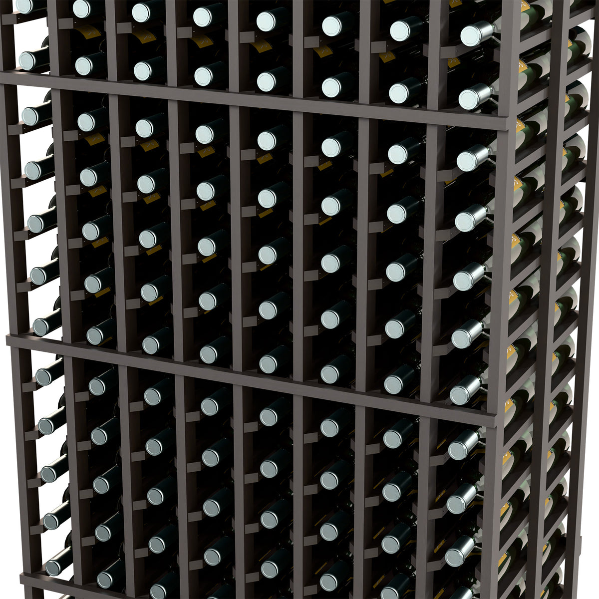 Close-up of dark-stained wine rack with upright bottles and metal bottle caps