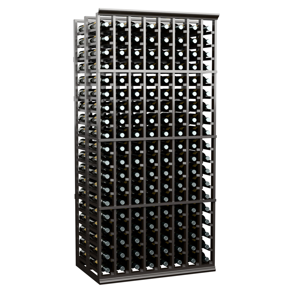 Dark wine rack with 8 columns and double-deep design holding bottles upright