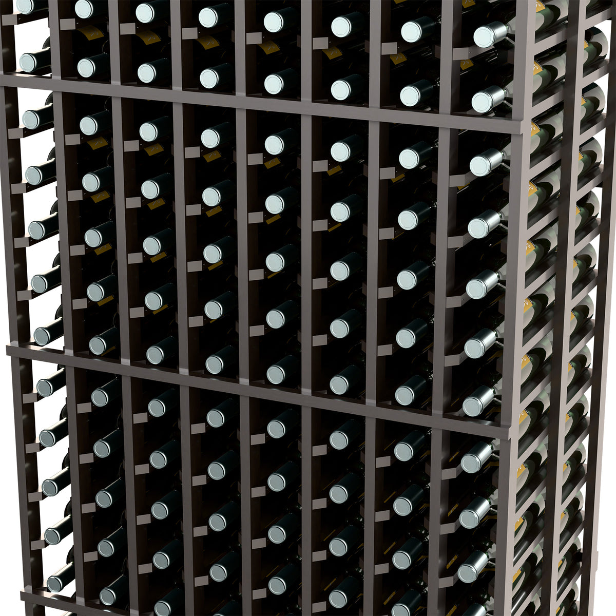 Close-up view of dark wine rack frame with upright bottles in multiple rows