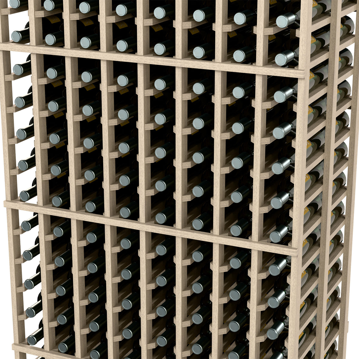 8-column double-deep wine rack close-up, light wood frame with bottle necks