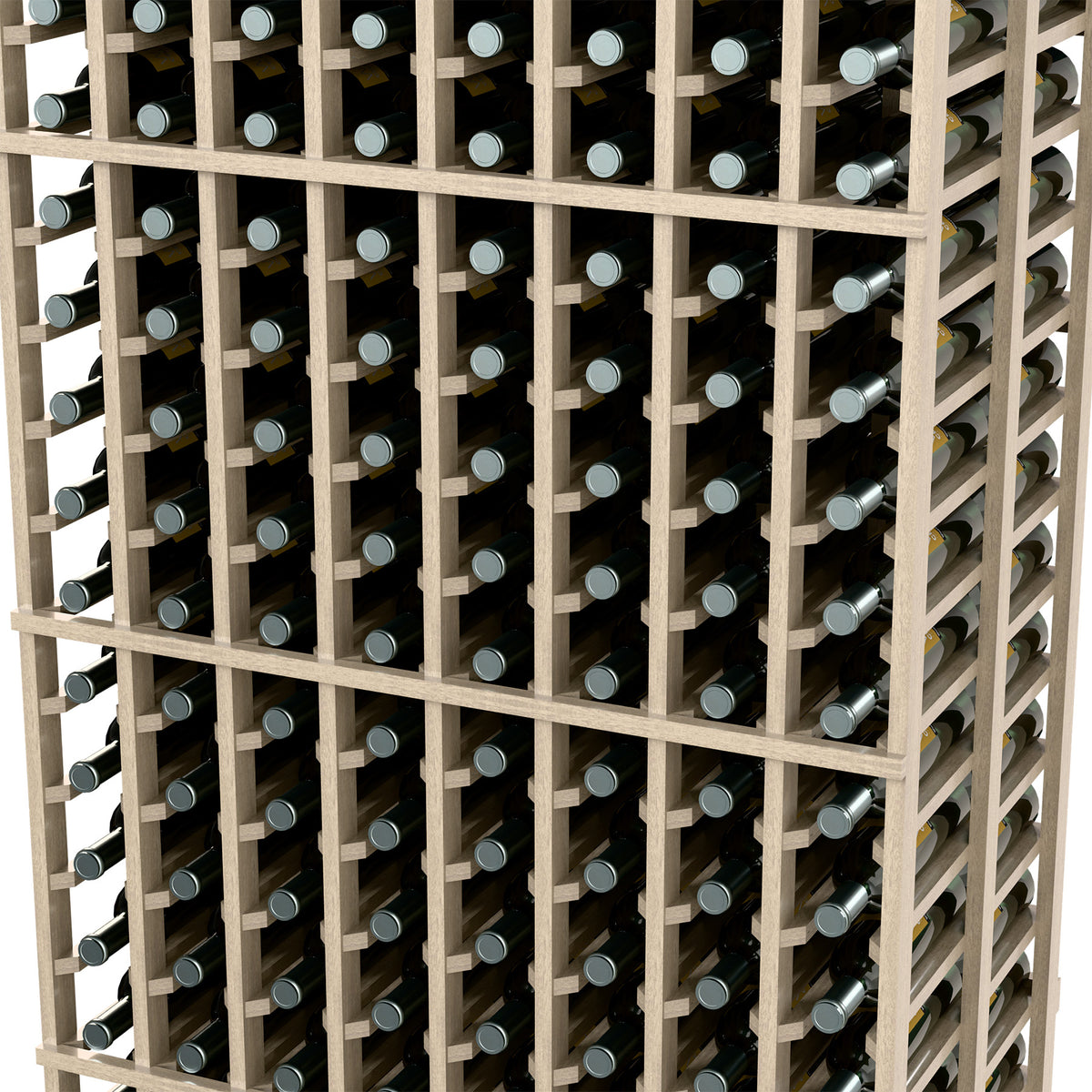 8-column double-deep wine rack close-up, light gray frame with bottle rows