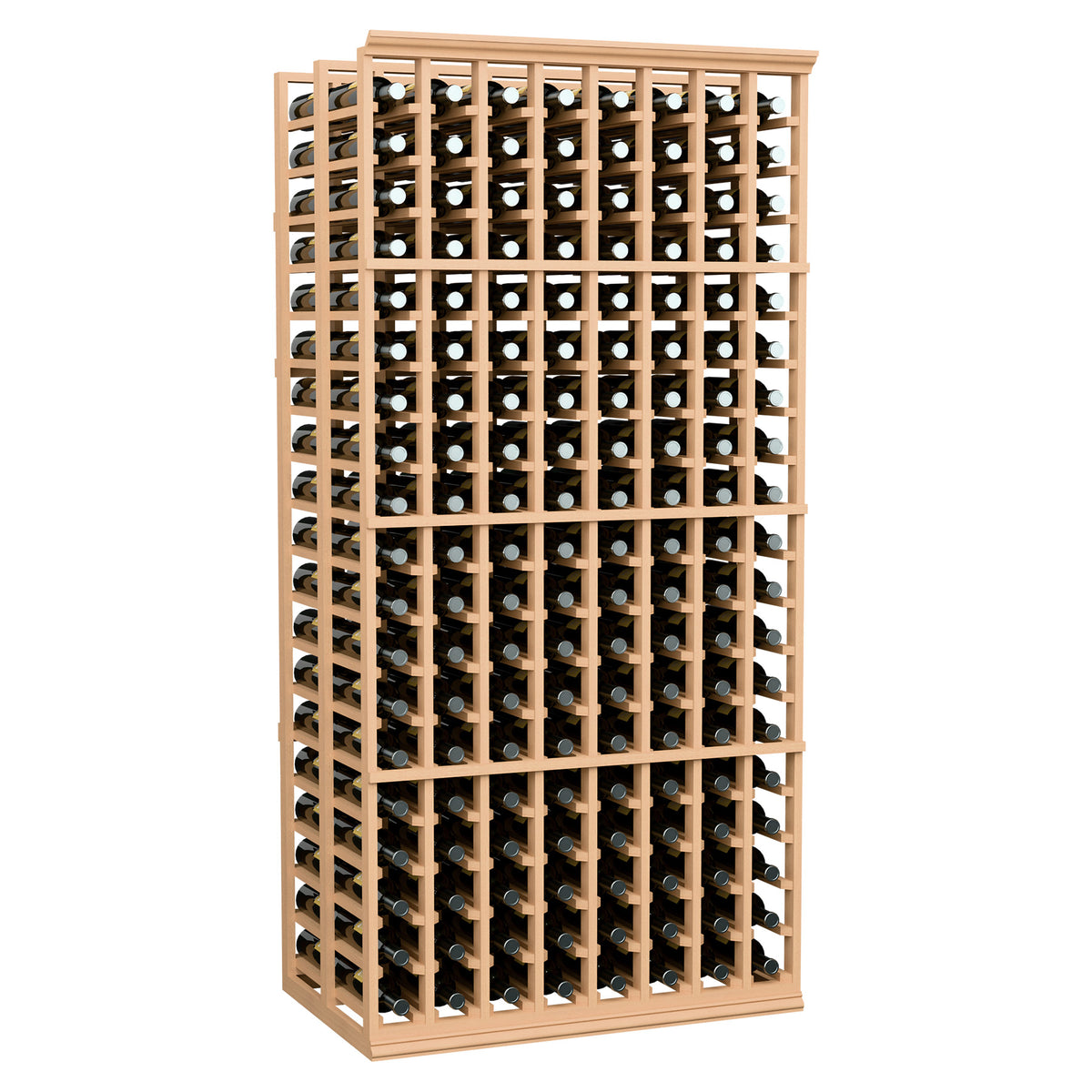 8-column double-deep wine bottle storage rack, light wood frame with bottle rows