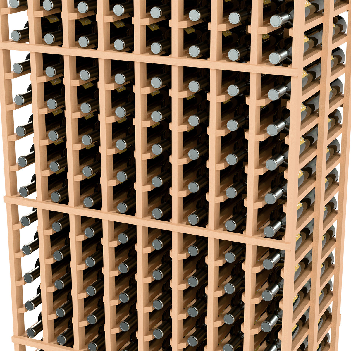 8-column double-deep wine rack close-up, light wood frame with bottle necks