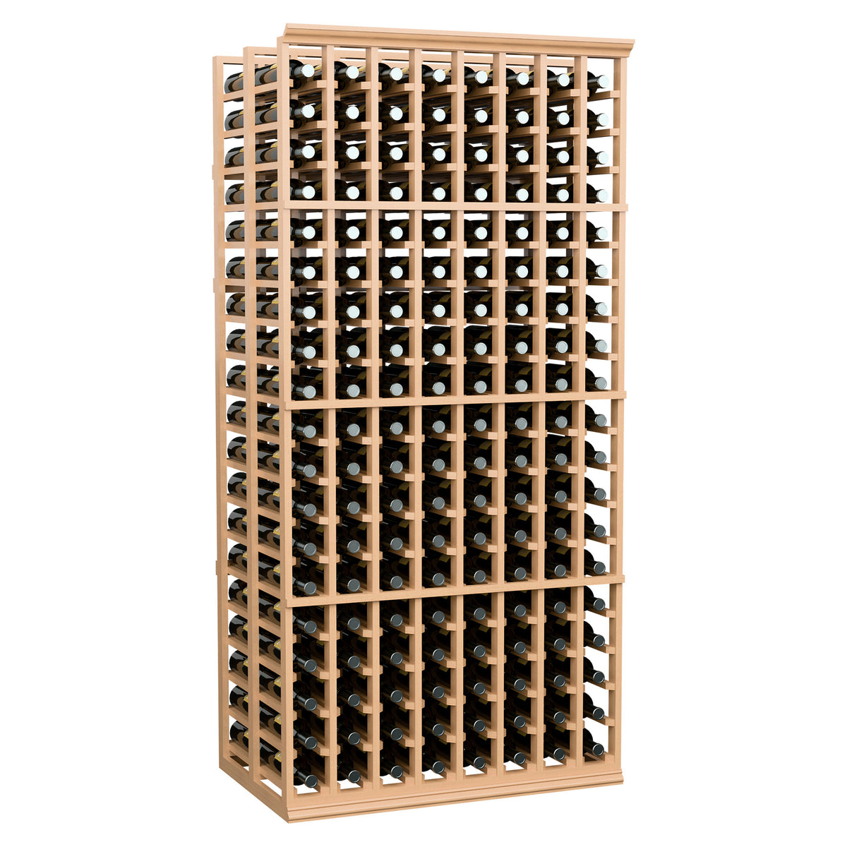 8-column double-deep wine bottle storage rack, light wood frame with bottle rows