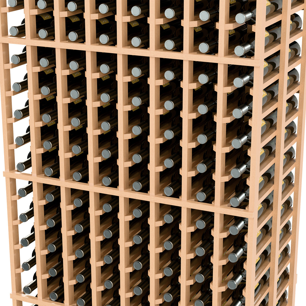 8-column double-deep wine rack close-up, pale wood frame with bottle necks