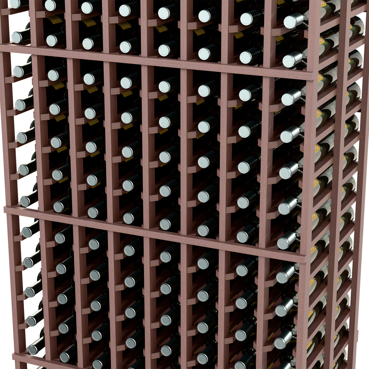 8-column double-deep wine rack close-up, dark brown frame with bottle necks