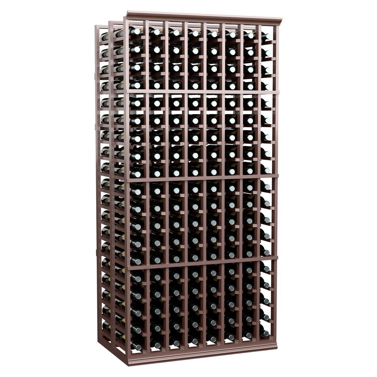 Dark wood wine rack with 8 columns, double-deep bottle slots and metal bottle holders.