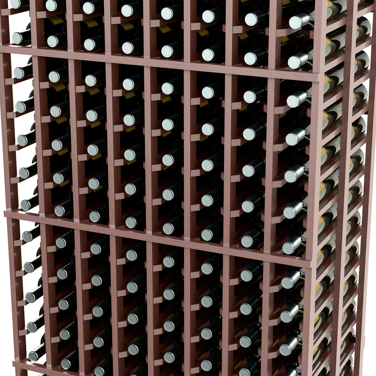 Close-up of dark wood wine rack with metal bottle holders in grid rows.