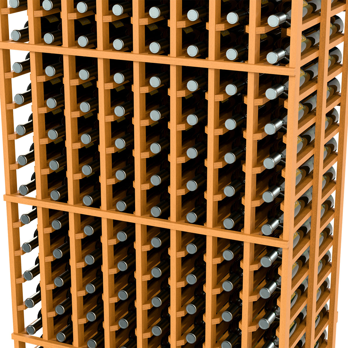 Close-up of light wood wine rack with metal bottle holders in grid rows.