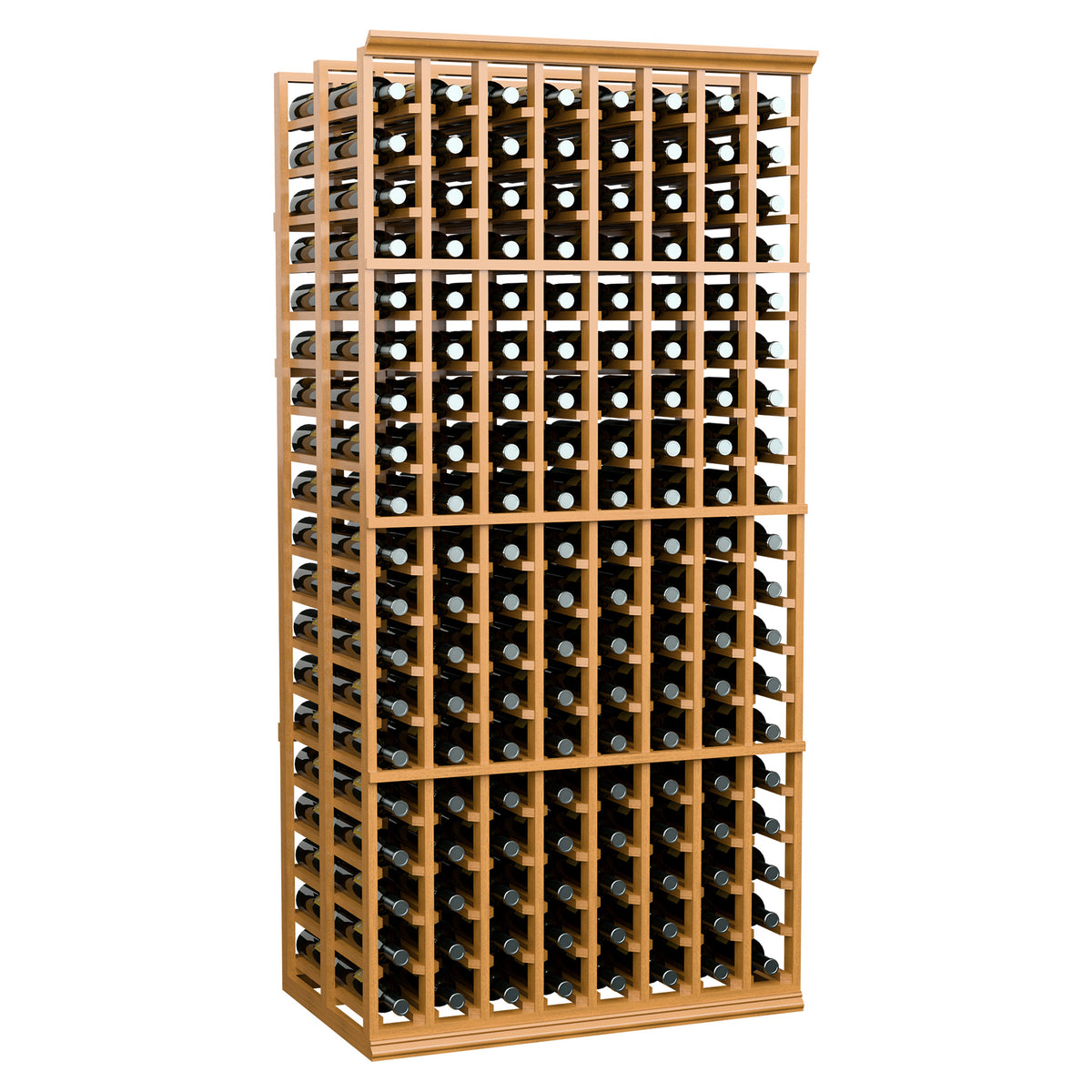 Light wood wine rack with 8 columns, double-deep bottle slots and metal bottle holders.