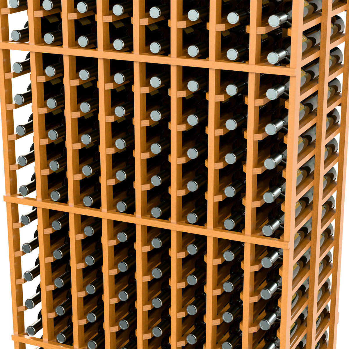 Close-up of light wood wine rack with metal bottle holders in grid rows.