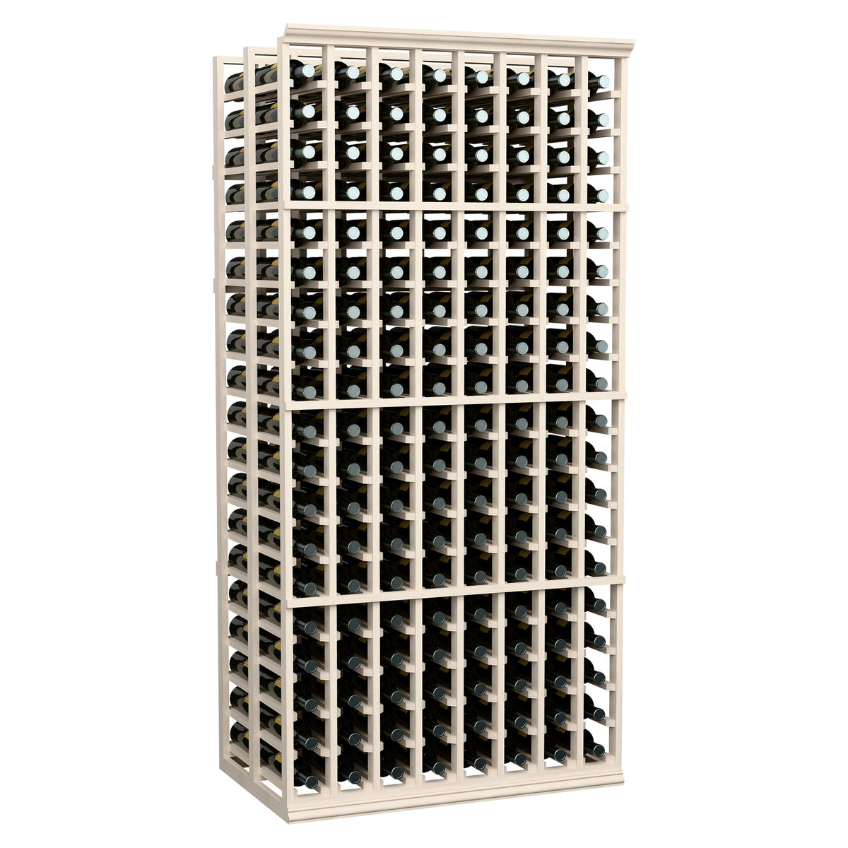White-washed wine rack with 8 columns, double-deep bottle slots and metal bottle holders.