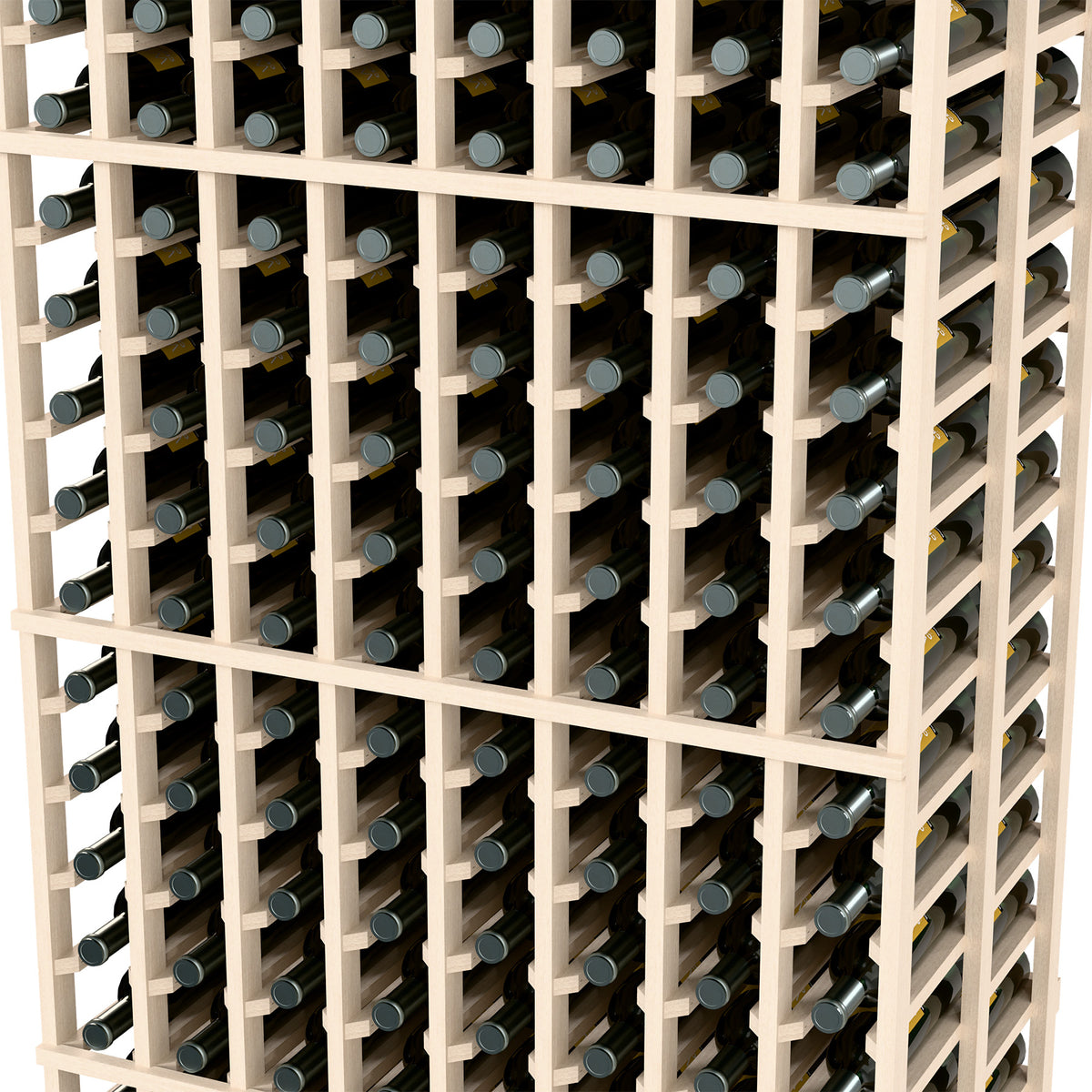 Close-up of white-washed wine rack with metal bottle holders in grid rows.