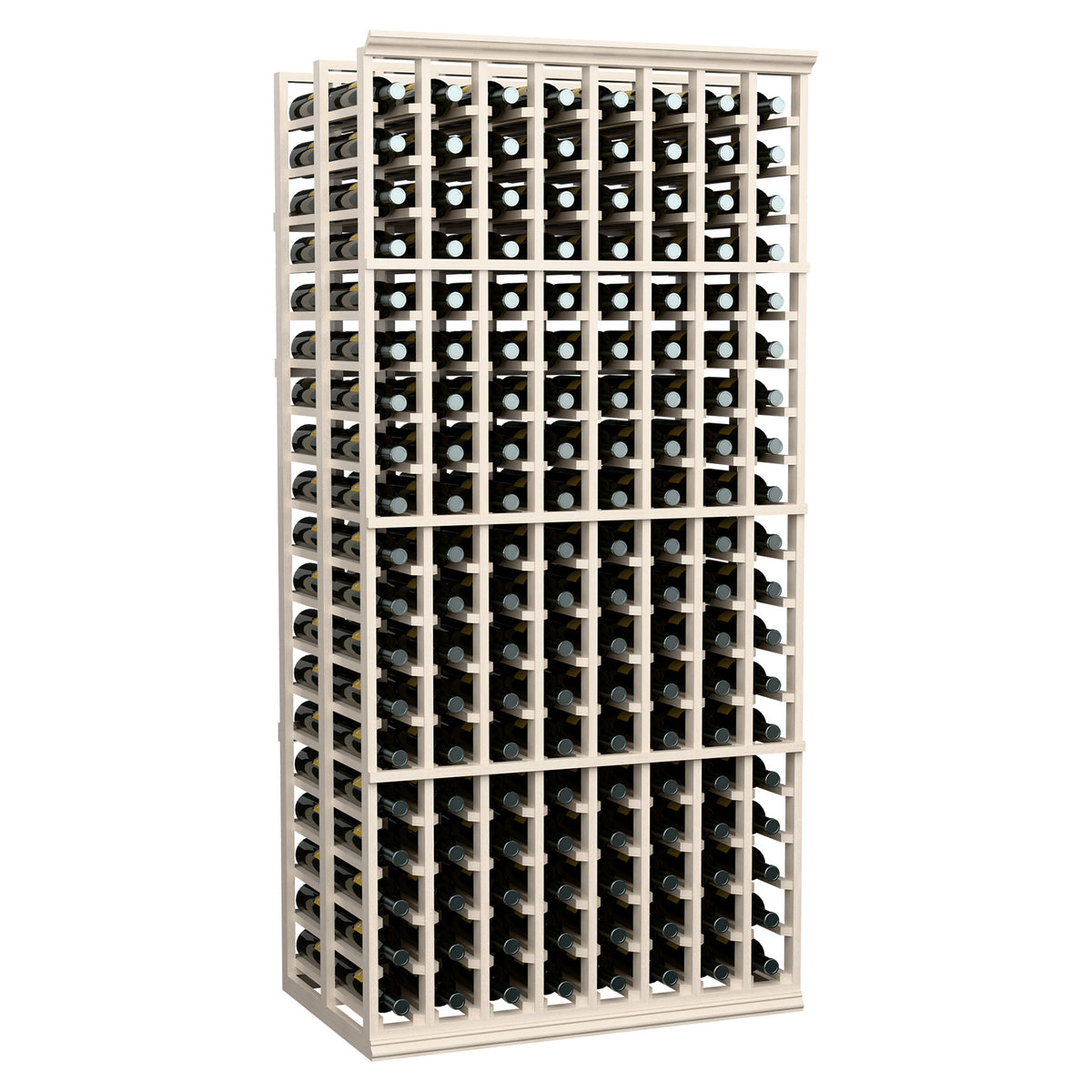 White-washed wine rack with 8 columns, double-deep bottle slots and metal bottle holders.