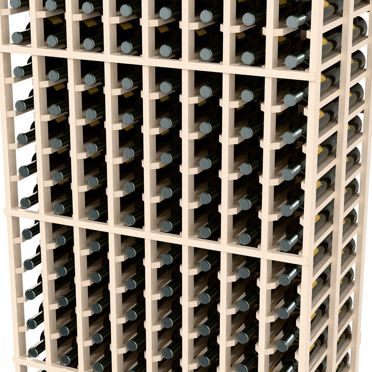 Close-up of white-washed wine rack with metal bottle holders in grid rows.