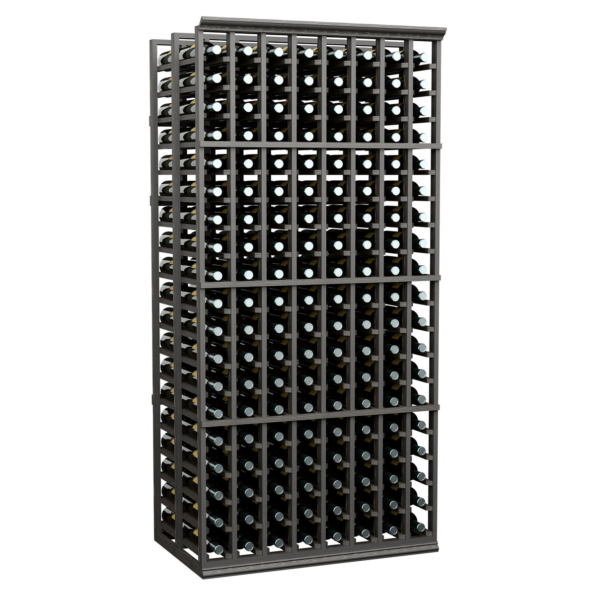 Black 8-column double deep wine rack with rows of bottle slots and metal supports