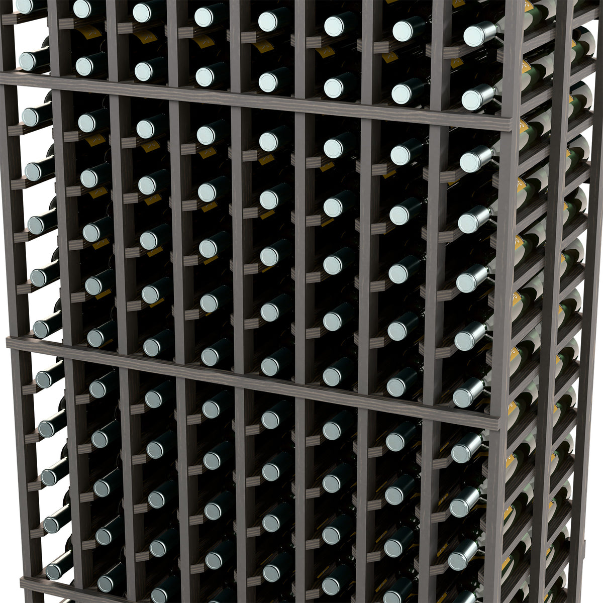 Close-up of black wine rack cells with multiple bottle slots and metal frame bars