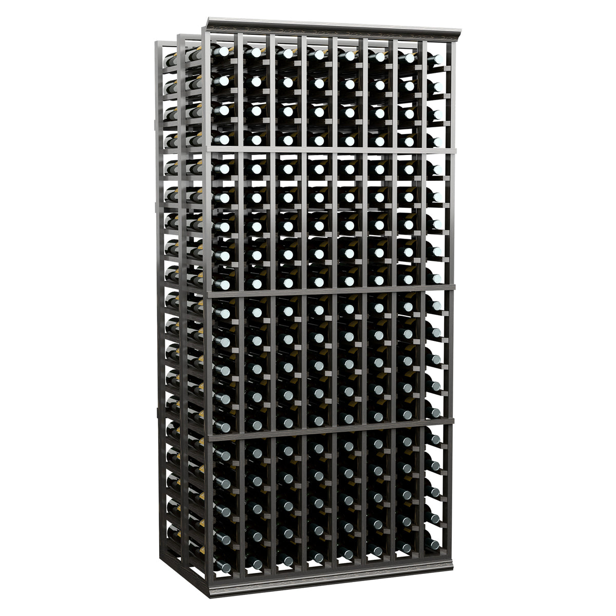 Front view of black 8-column double deep wine rack with bottle slots