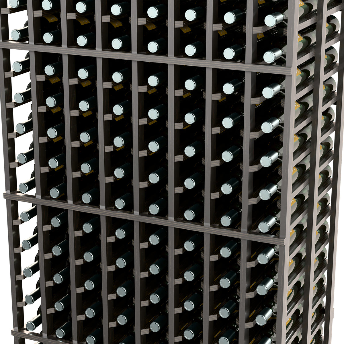 Close-up of black wine rack showing stacked bottle slots across columns
