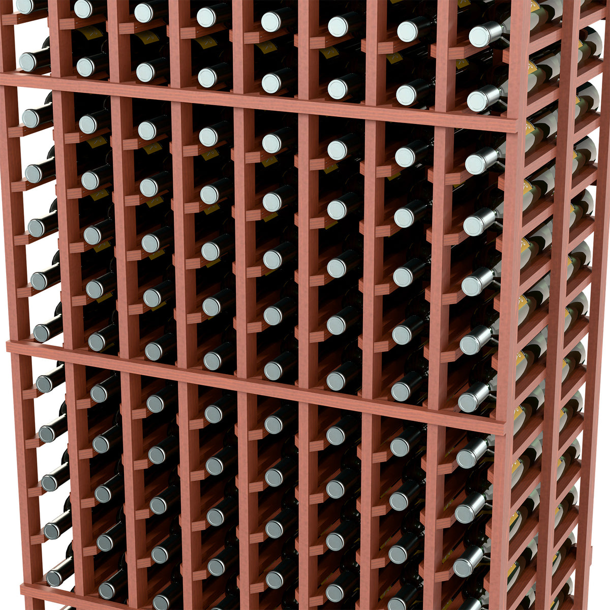 Close-up of brown wine rack cells with bottle slots and wooden grid frame
