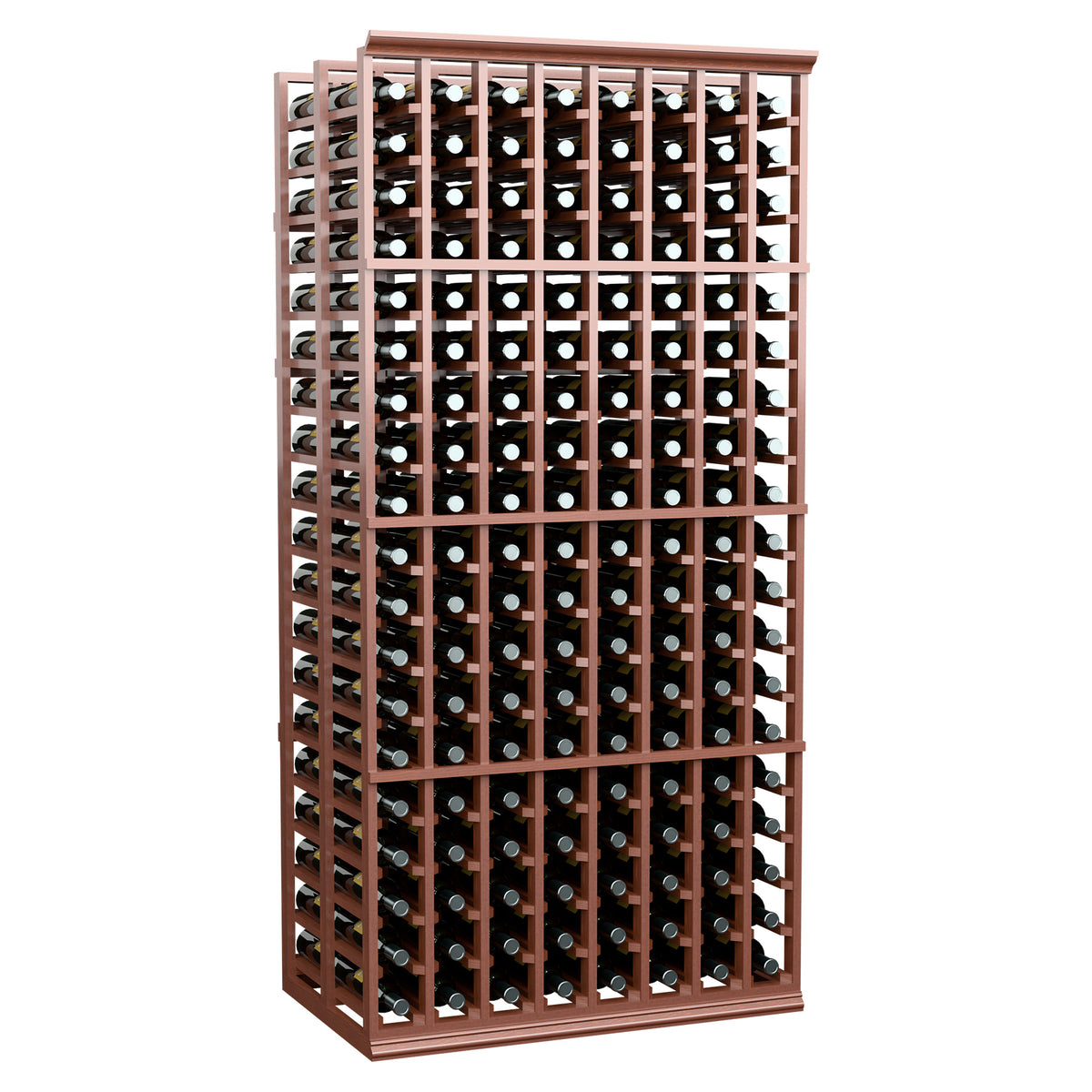 Angled view of brown 8-column double deep wine rack with bottle slots