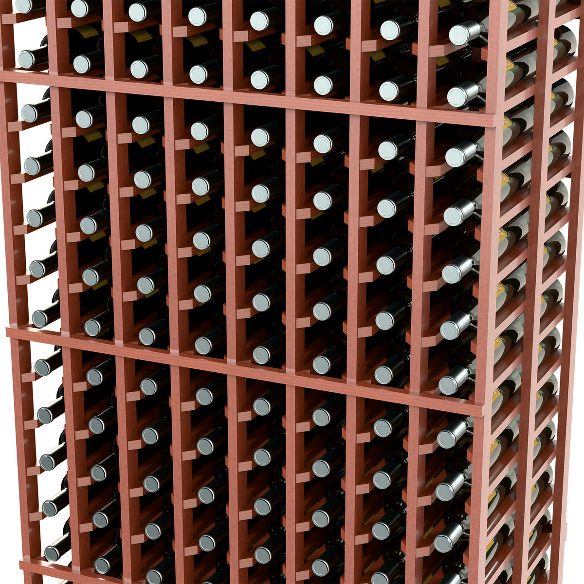 Close-up of brown wine rack showing stacked bottle slots and wooden dividers